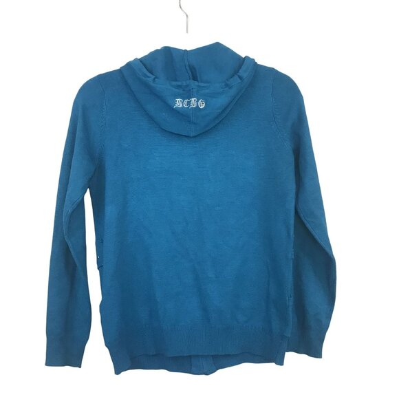 BCBGMaxAzria Blue Hooded Zip-Up Sweater Embroidered Letters Studded Size L Y2K - Picture 3 of 10